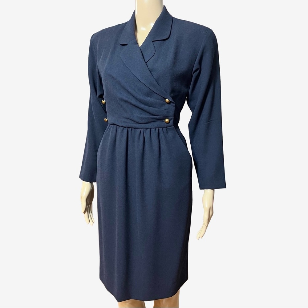 Vintage 1980s Selina Virgin Wool Navy Wrap Dress | Tailored Blazer Style | S